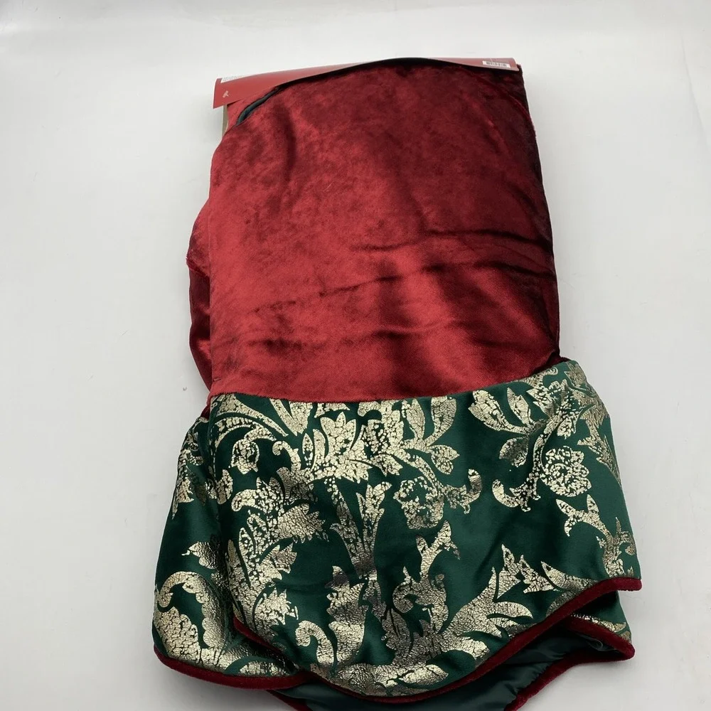 At Home Christmas Tree Skirt 48 inch Red Plush Green Gold Trim Scalloped Classic